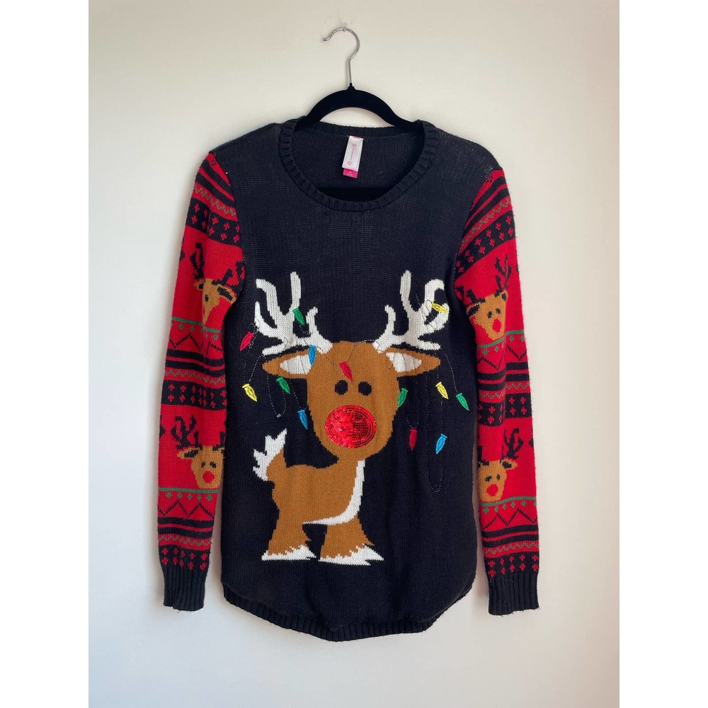 No Boundaries Light Up Christmas Sweater Reindeer Size M 7-9 Black Red WORKING